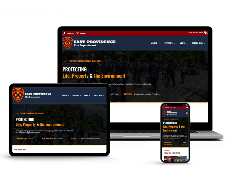A laptop, tablet, and smartphone display the East Providence Fire Department website homepage, showcasing a dark-themed design with yellow and white text and an emergency services banner.