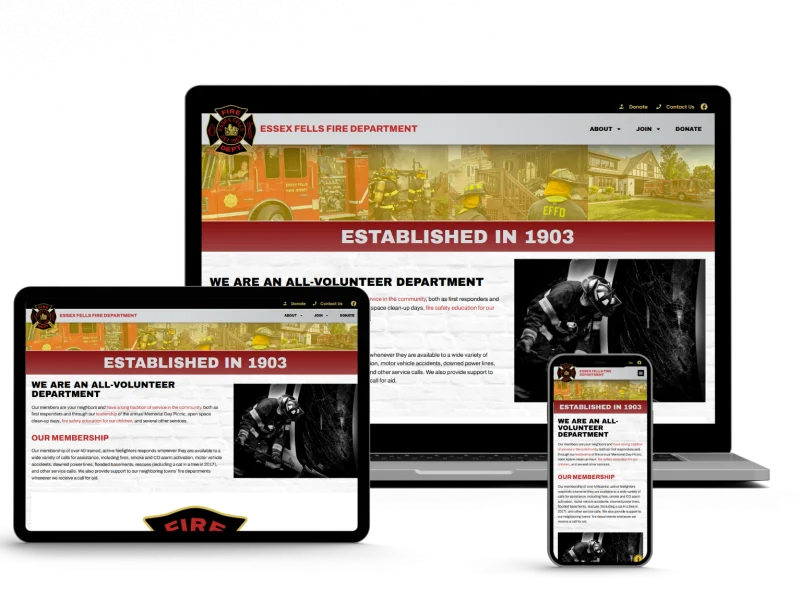 A fire department website is displayed on a laptop, tablet, and smartphone, featuring a firefighter logo, bold yellow header, and images of firefighters in action with the text “Established in 1903.”.
