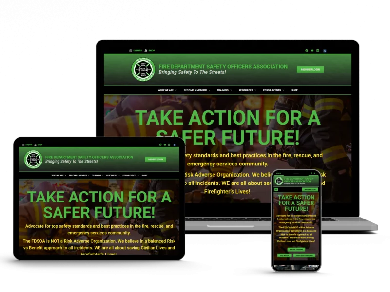 A website promoting firefighter safety is displayed on a laptop, tablet, and smartphone. The homepage headline reads, "Take Action for a Safer Future!" in large green text on a dark background.