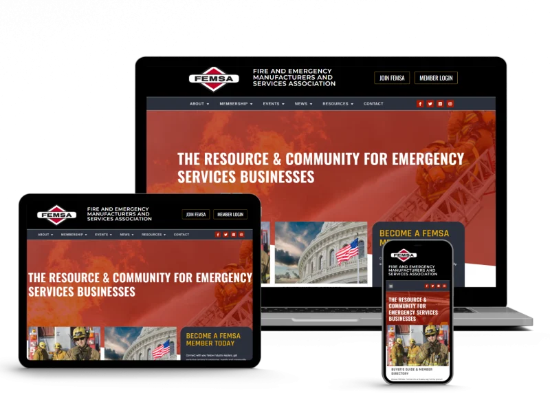 A laptop, tablet, and smartphone display the FEMSA website homepage, featuring the headline "The Resource & Community for Emergency Services Businesses" and images of emergency responders.