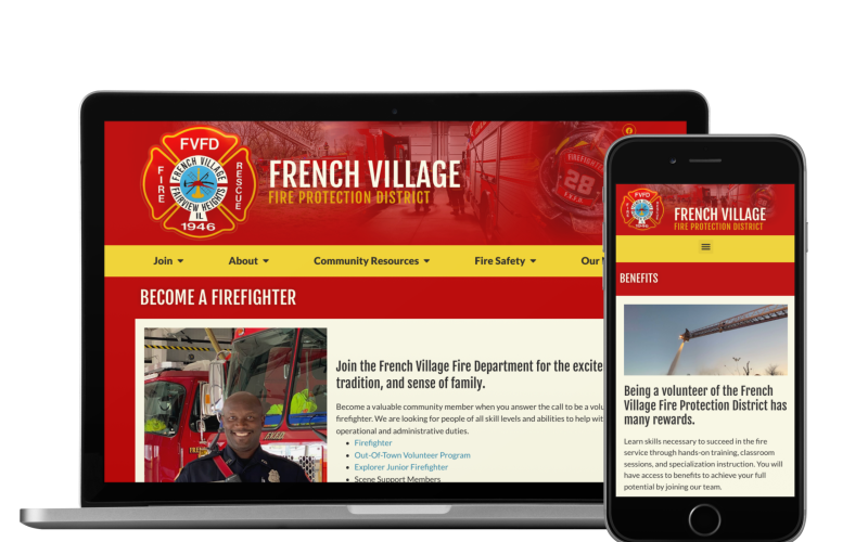 A laptop and a smartphone display the French Village Fire Protection District website, featuring information about becoming a firefighter and volunteer benefits. The site has a red and yellow theme with the fire department emblem visible.