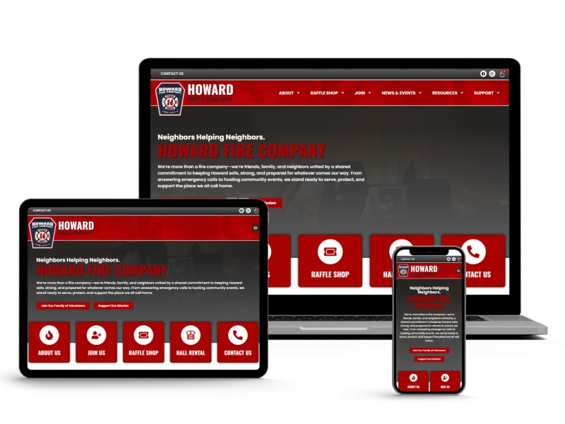 A fire company website displayed responsively on a laptop, tablet, and smartphone screen, featuring a red and black color scheme with navigation buttons for About Us, Raffle Shop, News & Events, and Contact Us.