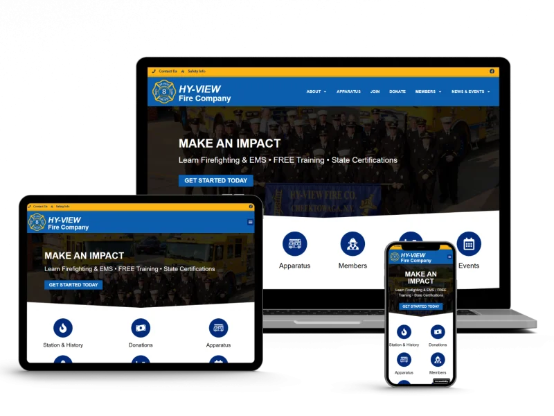 A fire company website is displayed on a laptop, tablet, and smartphone, showing a blue and yellow homepage with navigation menus and icons, highlighting “Make an Impact” and options for training and certifications.