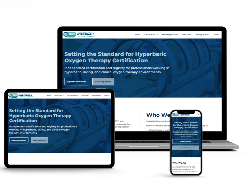 A website about hyperbaric oxygen therapy certification is displayed on a laptop, tablet, and smartphone, demonstrating its responsive design. The blue-themed homepage features navigation links and informational text.