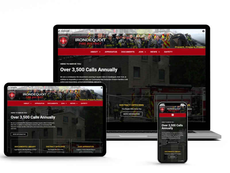 A fire district website is displayed on a laptop, tablet, and smartphone screen, showing a headline "Over 3,500 Calls Annually" with a red and black theme and images of fire trucks and firefighters.