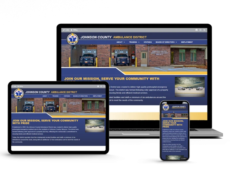 A website for Johnson County Ambulance District is displayed on a laptop, tablet, and smartphone, showing the homepage with images of ambulances and a mission statement. The design is consistent across all devices.