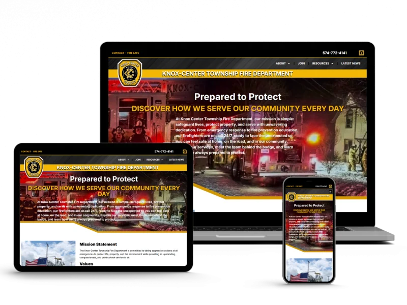 A fire department website is displayed on a laptop, tablet, and smartphone, showing a homepage with a fire truck, firefighters, and text about community service and protection. The layout adapts for each device.