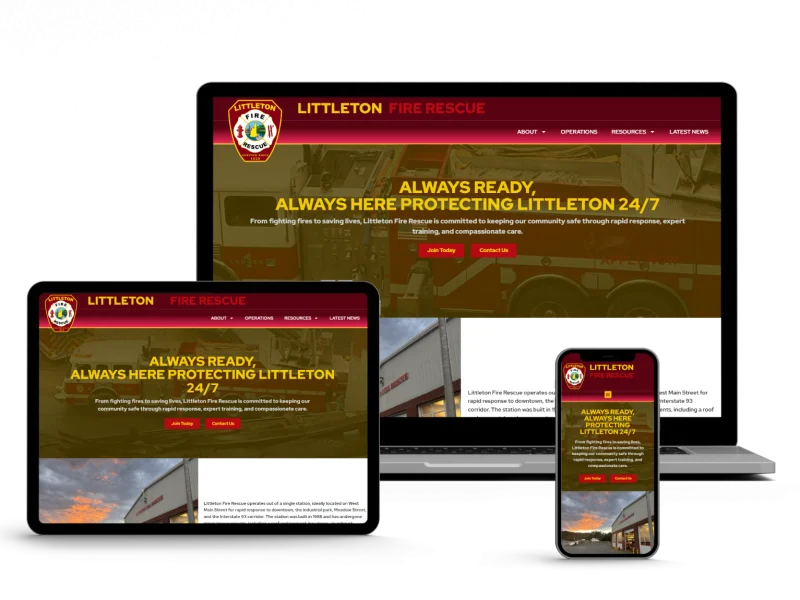 A website for Littleton Fire Rescue is displayed on a laptop, tablet, and smartphone, featuring a yellow and red theme with the message: "Always Ready, Always Here Protecting Littleton 24/7.