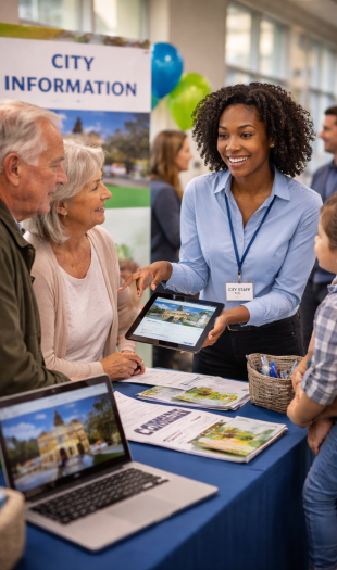 A city staff member shows information on a tablet to an older couple and a young girl at a city information booth, with brochures and laptops on the table. A CITY INFORMATION sign and balloons are visible in the background.