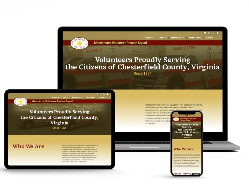 A website for the Manchester Volunteer Rescue Squad is displayed on a laptop, tablet, and smartphone, showing the homepage headline: "Volunteers Proudly Serving the Citizens of Chesterfield County, Virginia.