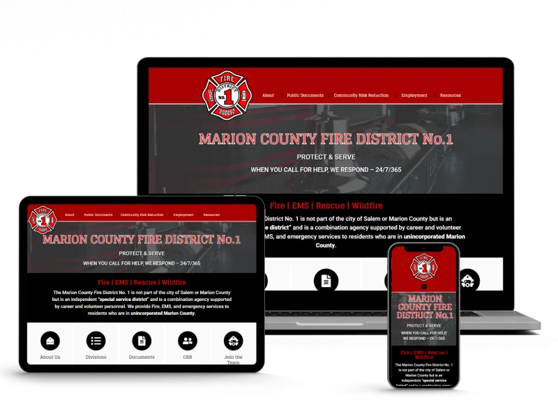 A responsive website for Marion County Fire District No. 1 is displayed on a laptop, tablet, and smartphone, featuring a red and black color scheme, fire department logo, and navigation menu.