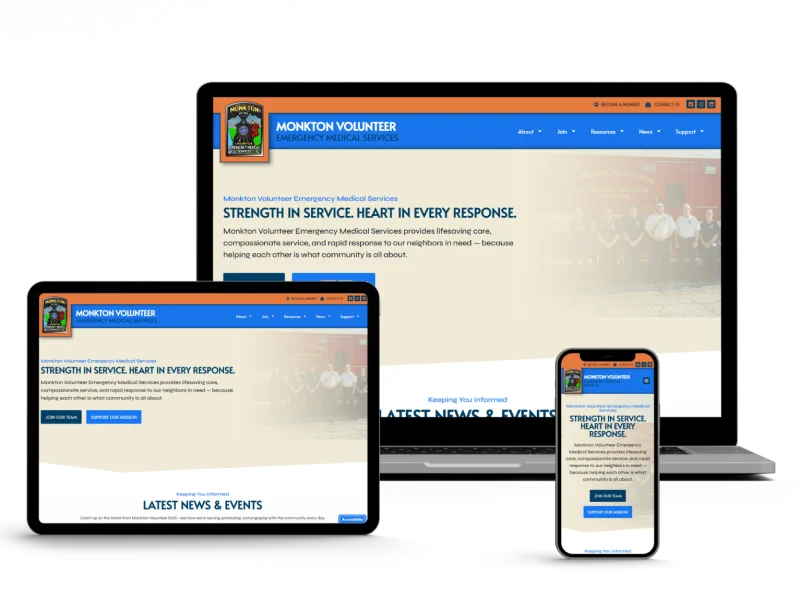 Screenshot of the Monkton Volunteer Emergency Medical Services website displayed on a laptop, tablet, and smartphone, showing a blue and orange design with a group photo and headline: "Strength in Service, Heart in Every Response.