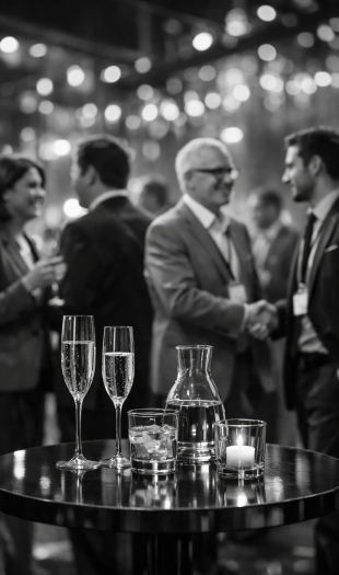A black and white photo of a networking event shows two glasses of champagne, a water carafe, a glass of ice, and a lit candle on a round table, with people in business attire talking and shaking hands in the blurred background.