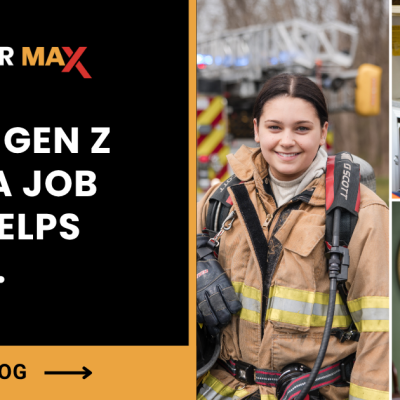 Text reading “Responder Max: 79% of Gen Z want a job that helps people” next to photos of a female firefighter, a female medic using a stethoscope, and a male police officer representing Gen Z recruitment for emergency services.