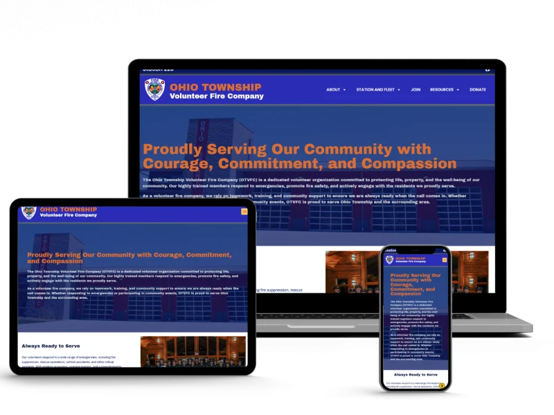 A fire company website displayed on a laptop, tablet, and smartphone screen. The homepage features the Ohio Township Volunteer Fire Company banner and an orange headline about community service.