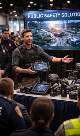A man in tactical gear presents security technology devices to a group of police officers, with a screen behind him displaying “Public Safety Solutions” and images of emergency response scenes.