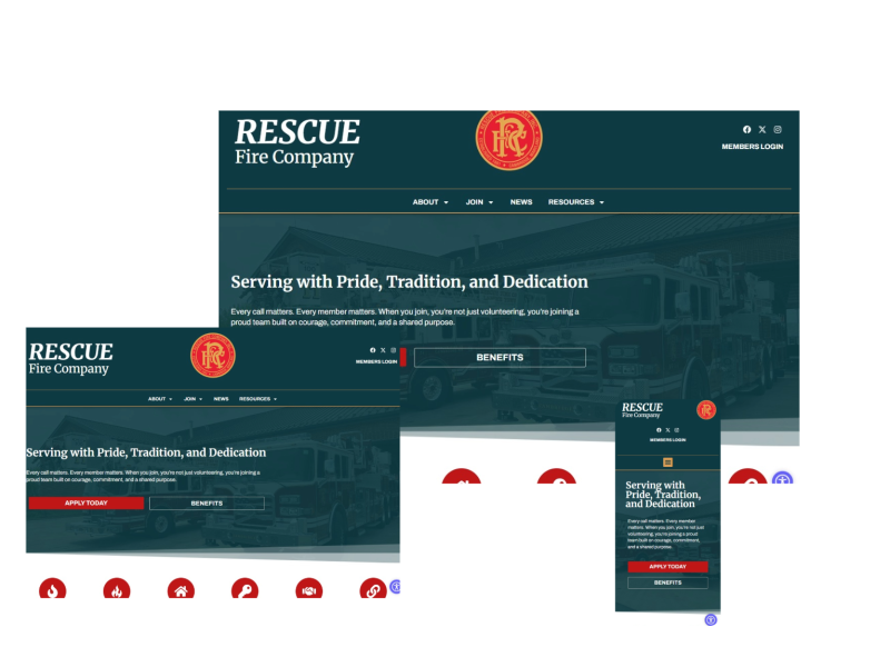 Website screenshot shows the Rescue Fire Company homepage displayed on desktop, tablet, and mobile devices. The site features a navy theme, red logo, navigation menus, and a hero message about pride, tradition, and dedication.