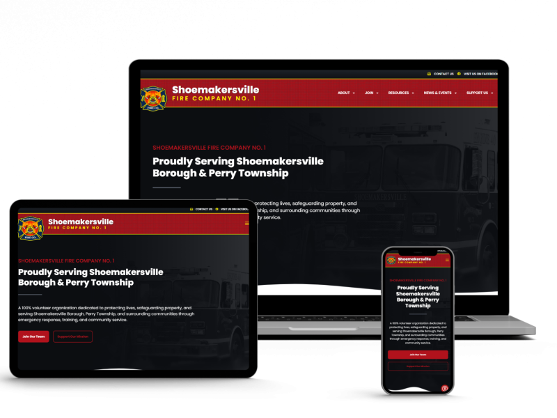 A laptop, tablet, and smartphone display the Shoemakersville Fire Company No. 1 website with a dark red theme, white text, and emergency service graphics, showing the site’s responsiveness across devices.