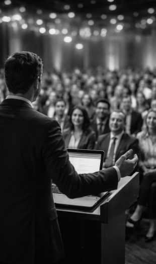 A man in a suit speaks at a podium to a large, seated audience in a conference room. The audience appears attentive, and a laptop is open on the podium. The scene is in black and white.