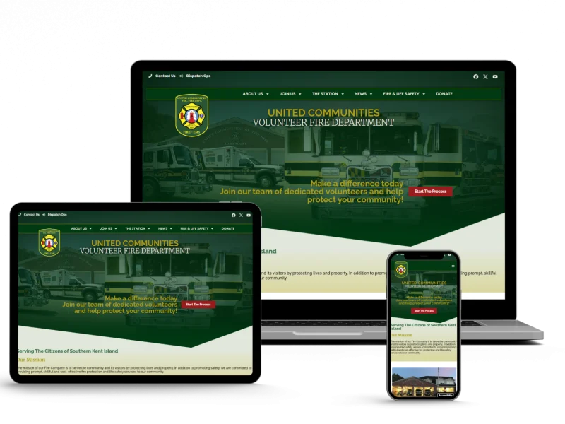 A fire department website homepage is displayed on a laptop, tablet, and smartphone, showing its logo, a banner image of fire trucks, and a message inviting volunteers to join the team.