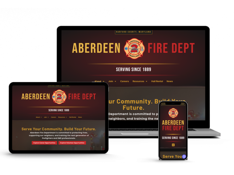 “Aberdeen Fire Dept website displayed on a laptop, tablet, and smartphone, showing a red and gold design with the fire department logo and navigation menu.”.