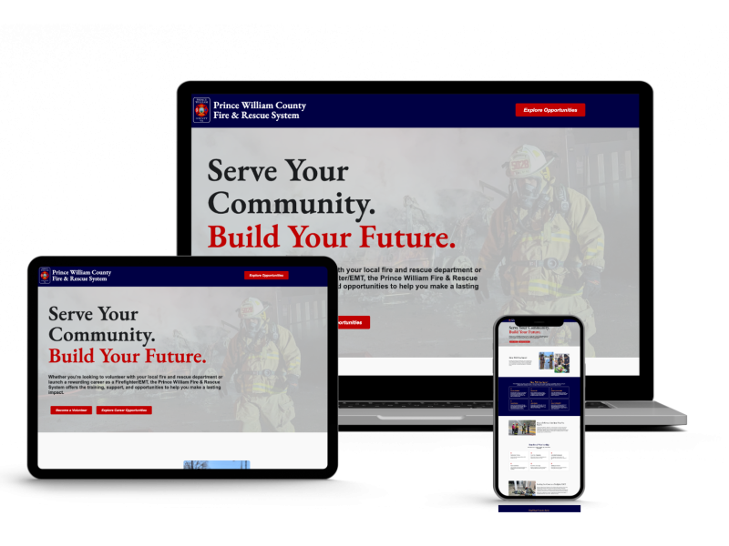 A laptop, tablet, and smartphone display the Prince William County Fire & Rescue System website with the headline “Serve Your Community. Build Your Future.” and a firefighter image in the background.