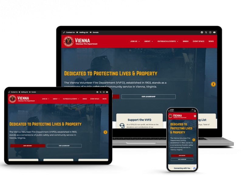 A website for the Vienna Volunteer Fire Department is displayed on a laptop, tablet, and smartphone, showing a consistent homepage design with the message "Dedicated to Protecting Lives & Property.