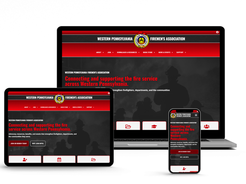 A responsive website for the Western Pennsylvania Firemen’s Association is displayed on a laptop, tablet, and smartphone, featuring a red and black color scheme with the association’s logo at the top.
