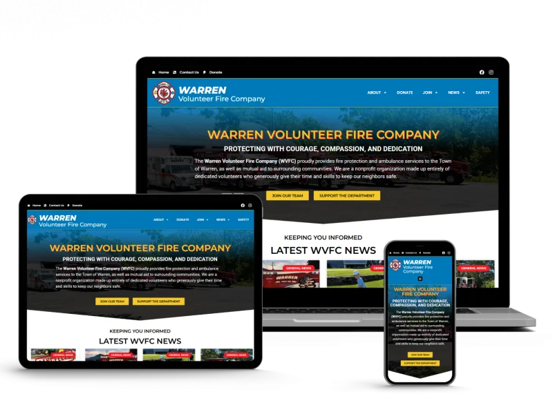 A laptop, tablet, and smartphone display the Warren Volunteer Fire Company website homepage, showing a yellow "Support the Department" button and sections for news and department information.