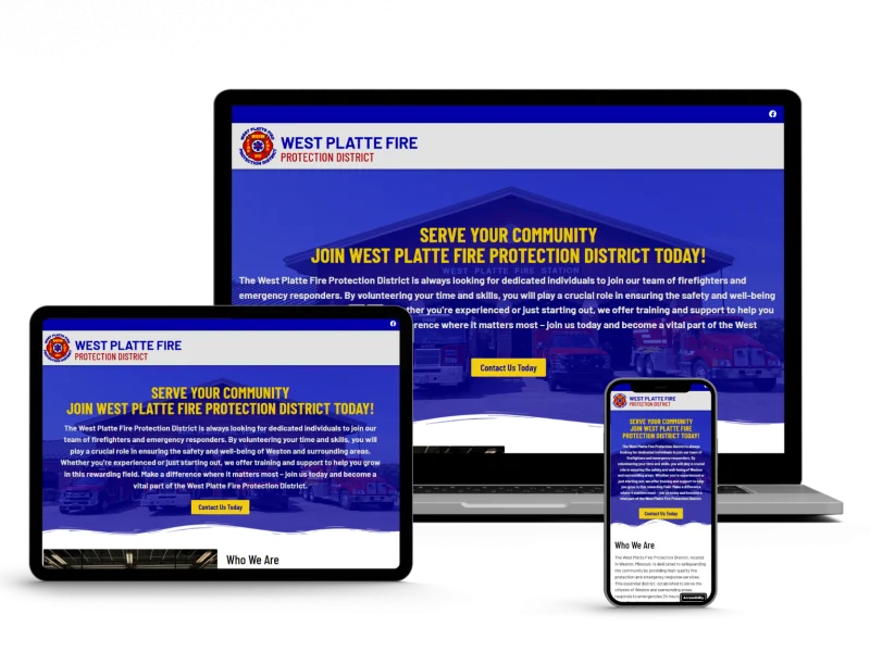 A responsive website for West Platte Fire Protection District is displayed on a laptop, tablet, and smartphone, showcasing a blue and yellow recruitment banner inviting individuals to join the fire department.