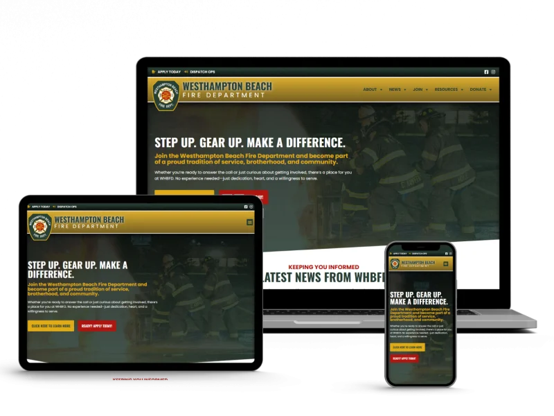 A website for the Westhampton Beach Fire Department is displayed on a laptop, tablet, and smartphone, each showing the homepage with the header "Step up. Gear up. Make a difference.