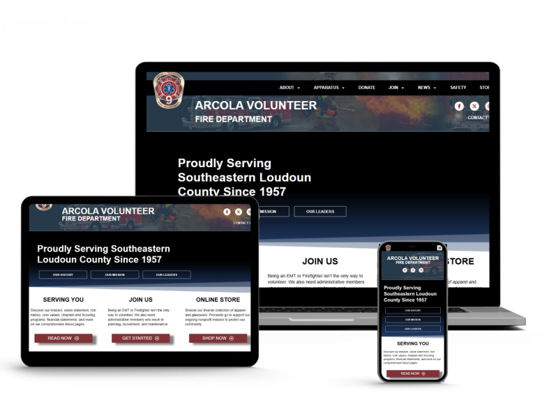A fire department website is displayed on a laptop, tablet, and smartphone, showing the site is responsive and accessible on multiple devices. The screen reads “Arcola Volunteer Fire Department” and service information.