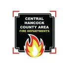 A black sign with white and yellow text that reads "Central Hancock County Area Fire Departments" with a red and yellow flame icon below and red corner brackets around the sign.