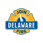 A yellow and blue firefighter badge logo reads "Join Delaware Fire" with a silhouette of Delaware and the words "Make a Difference" in the center.