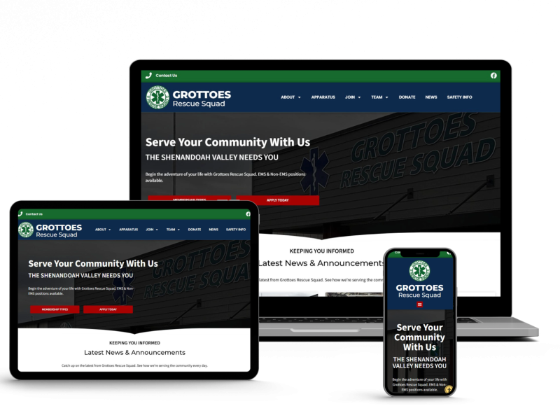 A website for Grottoes Rescue Squad is displayed on a laptop, tablet, and smartphone, all showing the homepage with the headline "Serve Your Community With Us" and a blue and white color scheme.