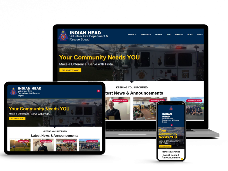 A fire department website is displayed on a tablet, laptop, and smartphone, all showing a banner reading "Your Community Needs YOU" with news, announcements, and emergency service images.