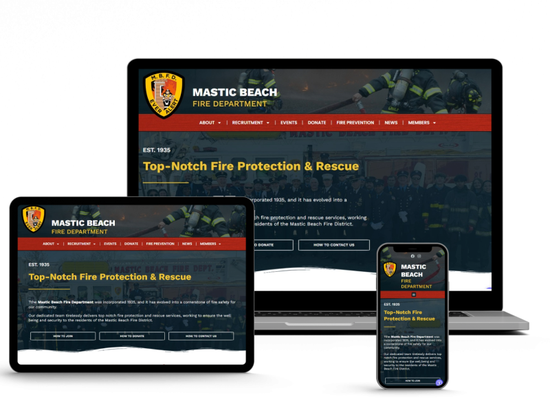 A laptop, tablet, and smartphone display the Mastic Beach Fire Department website, featuring a red and yellow theme, a fire department badge, and the text "Top-Notch Fire Protection & Rescue" on each screen.