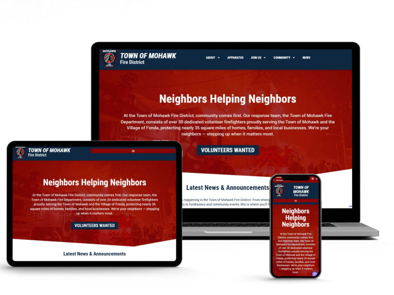 Screenshot showing the Town of Mohawk Fire District website displayed on a laptop, tablet, and smartphone. The homepage features a red banner with the headline "Neighbors Helping Neighbors" and a call to volunteer.