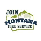 Logo with text "Join Montana Fire Service" over an outline of Montana featuring mountains, trees, and a bison in the background.