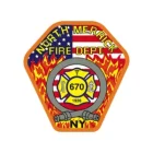 A badge-shaped North Merrick Fire Department emblem featuring flames, an American flag background, a fire hose, a fire department cross with “670” and “1926,” and “NY” at the bottom.