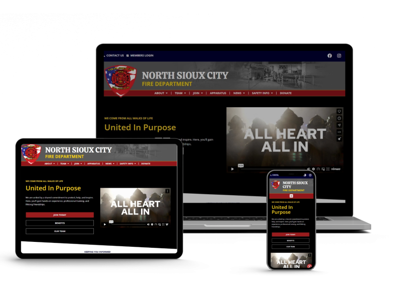 A laptop, tablet, and smartphone displaying the North Sioux City Fire Department website.
