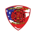 Red shield-shaped emblem with an American flag background, reading "North Sioux City Fire Rescue EMS Est. 1951" around a firefighter symbol featuring a ladder, helmet, hydrant, and fireman's hook.