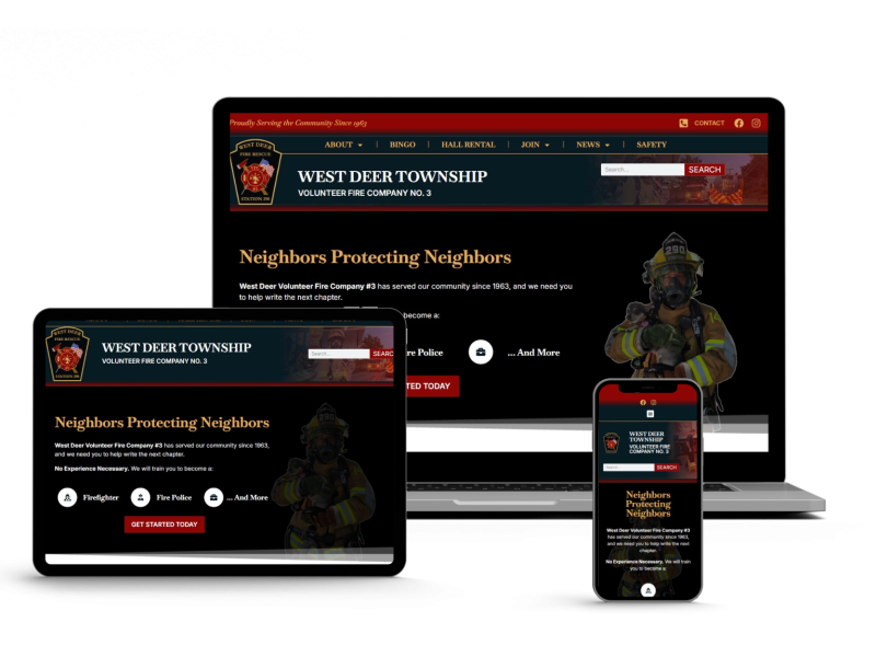 A laptop, tablet, and smartphone displaying the West Deer Volunteer Fire Company No. 3 website.